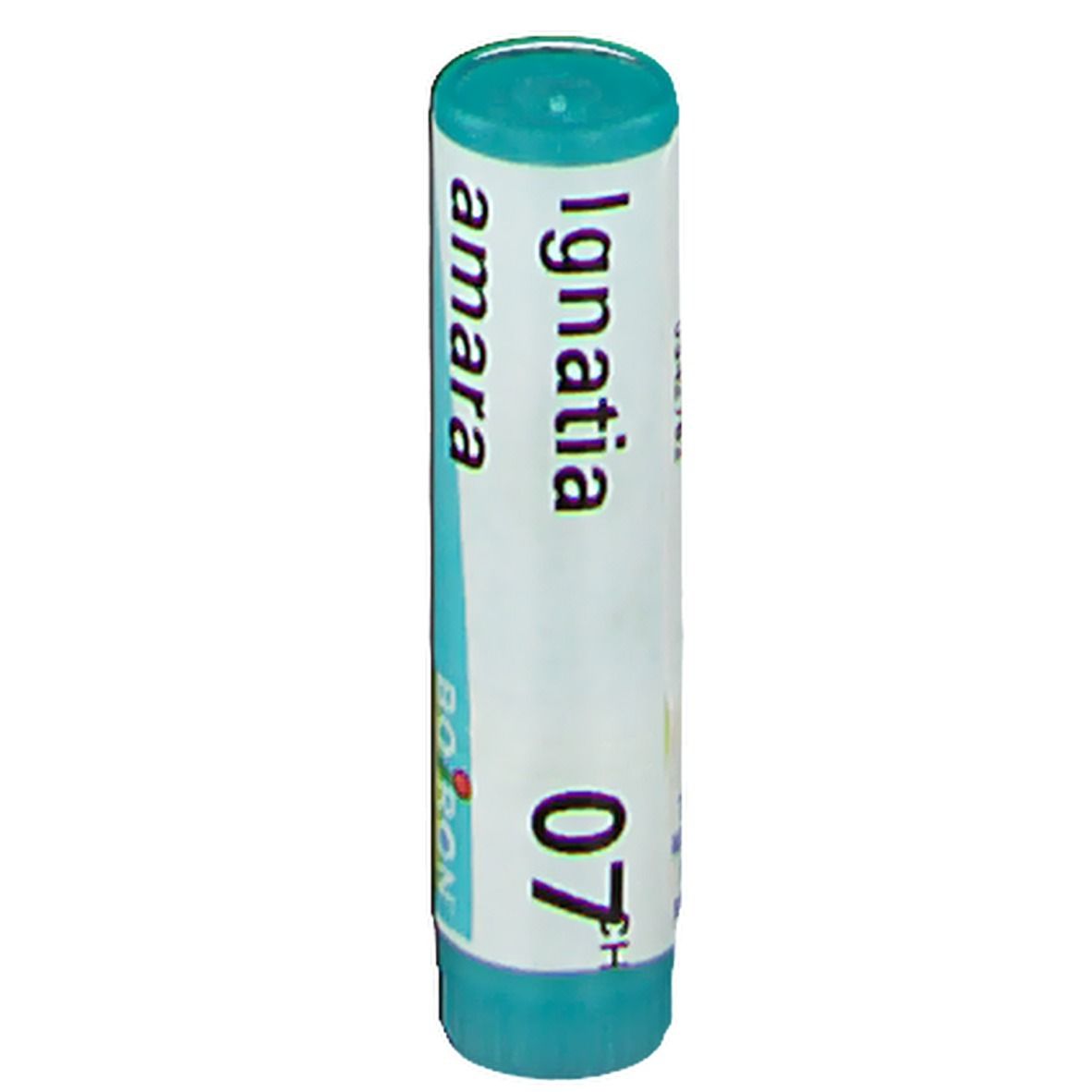 Tube cylindrique avec "Ignatia amara 07 CH" et le logo Boiron. Vert et blanc. Vue rapprochée.