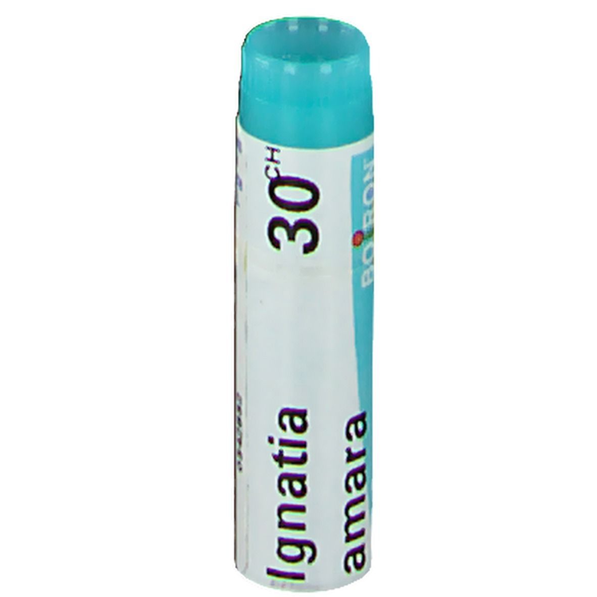 Tube cylindrique avec bouchon bleu. Inscription: Ignatia amara, 30 CH, BOIRON.