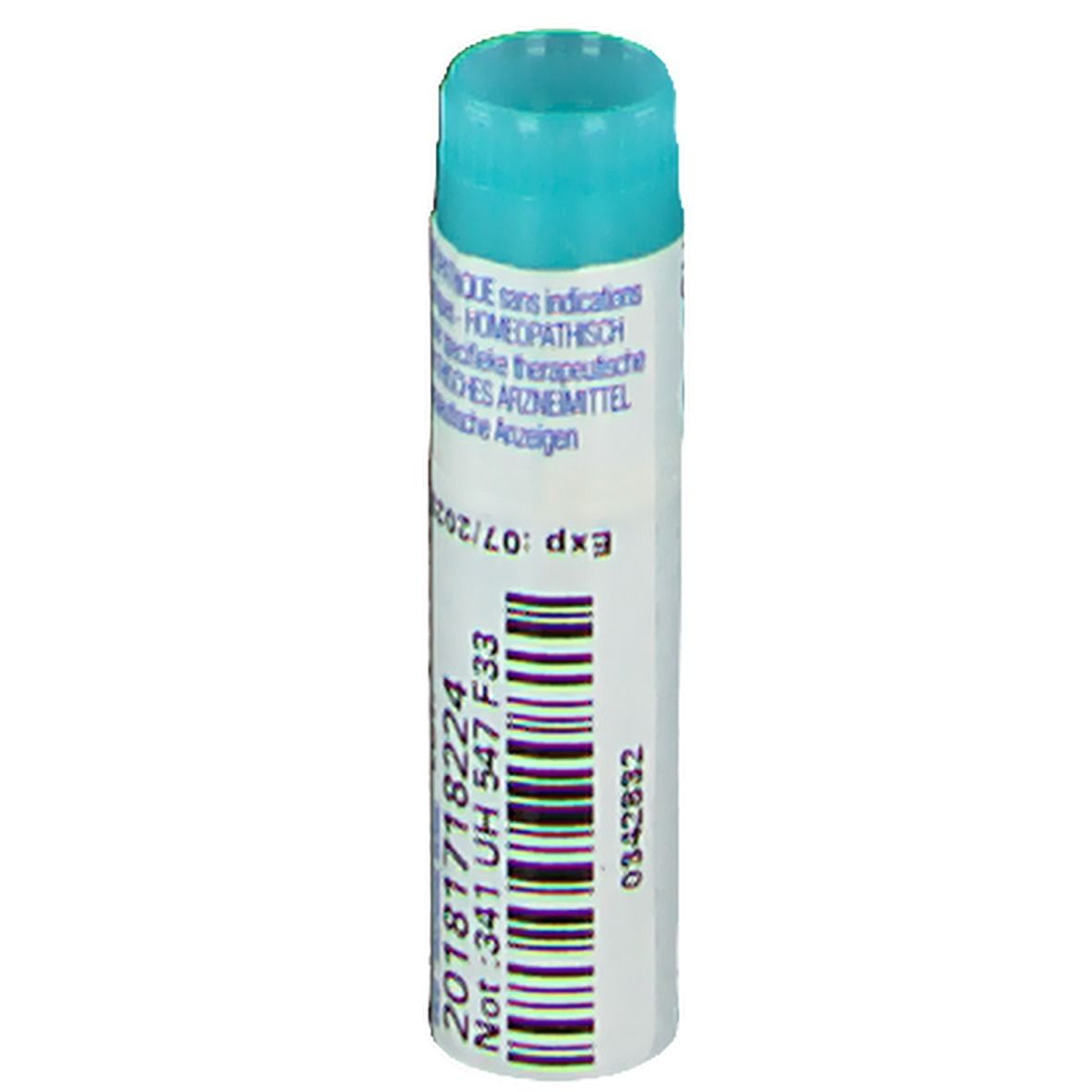 Tube cylindrique avec bouchon bleu. Inscription: 20181718224, 07/2023, BOIRON.