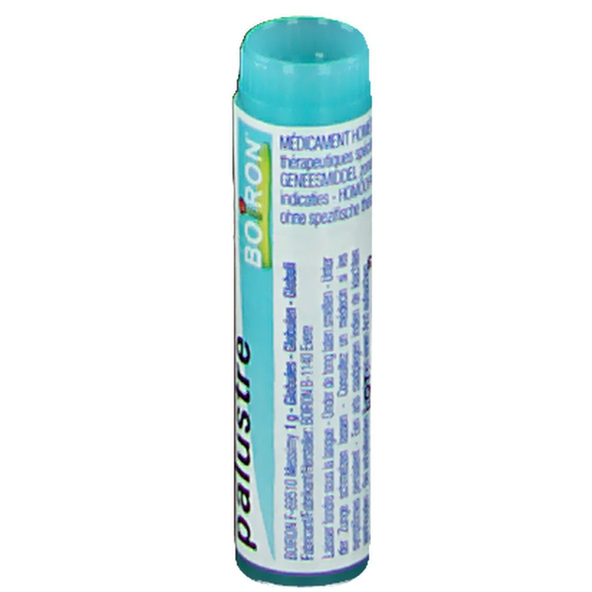 Tube cylindrique avec bouchon bleu. Inscription: Ledum palustre, Boiron, Globules.