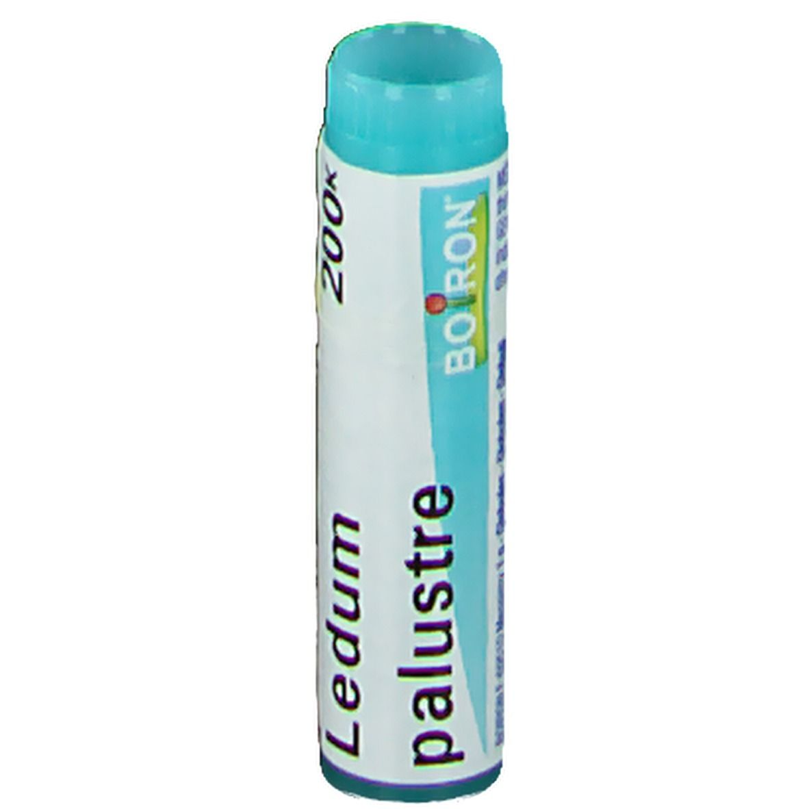 Tube cylindrique avec bouchon bleu. Inscription: Ledum palustre, 200K, Boiron.