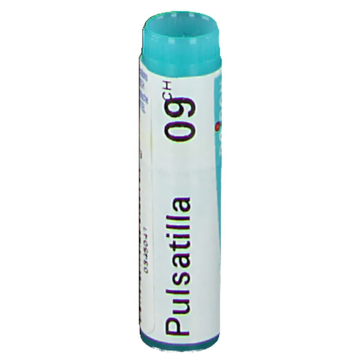 Tube cylindrique avec bouchon bleu. Inscription: Pulsatilla 09 CH.