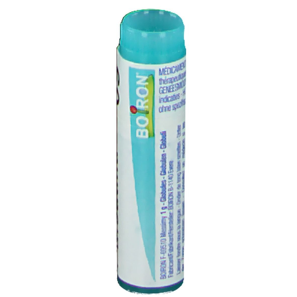 Tube cylindrique avec bouchon bleu. Inscription: BOIRON, Globules.