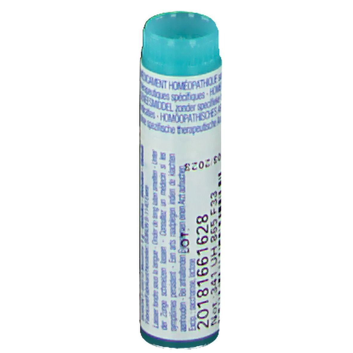 Tube cylindrique avec bouchon bleu. Inscription: Numéro de lot, date d'expiration.