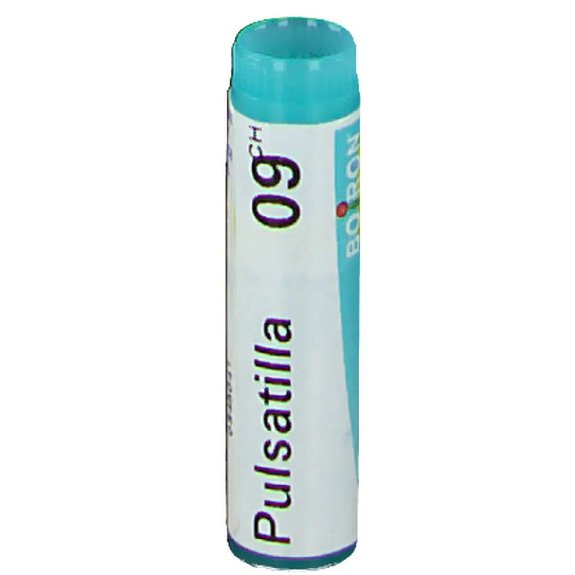 Tube cylindrique avec bouchon bleu. Inscription: Pulsatilla 09 CH, BOIRON.
