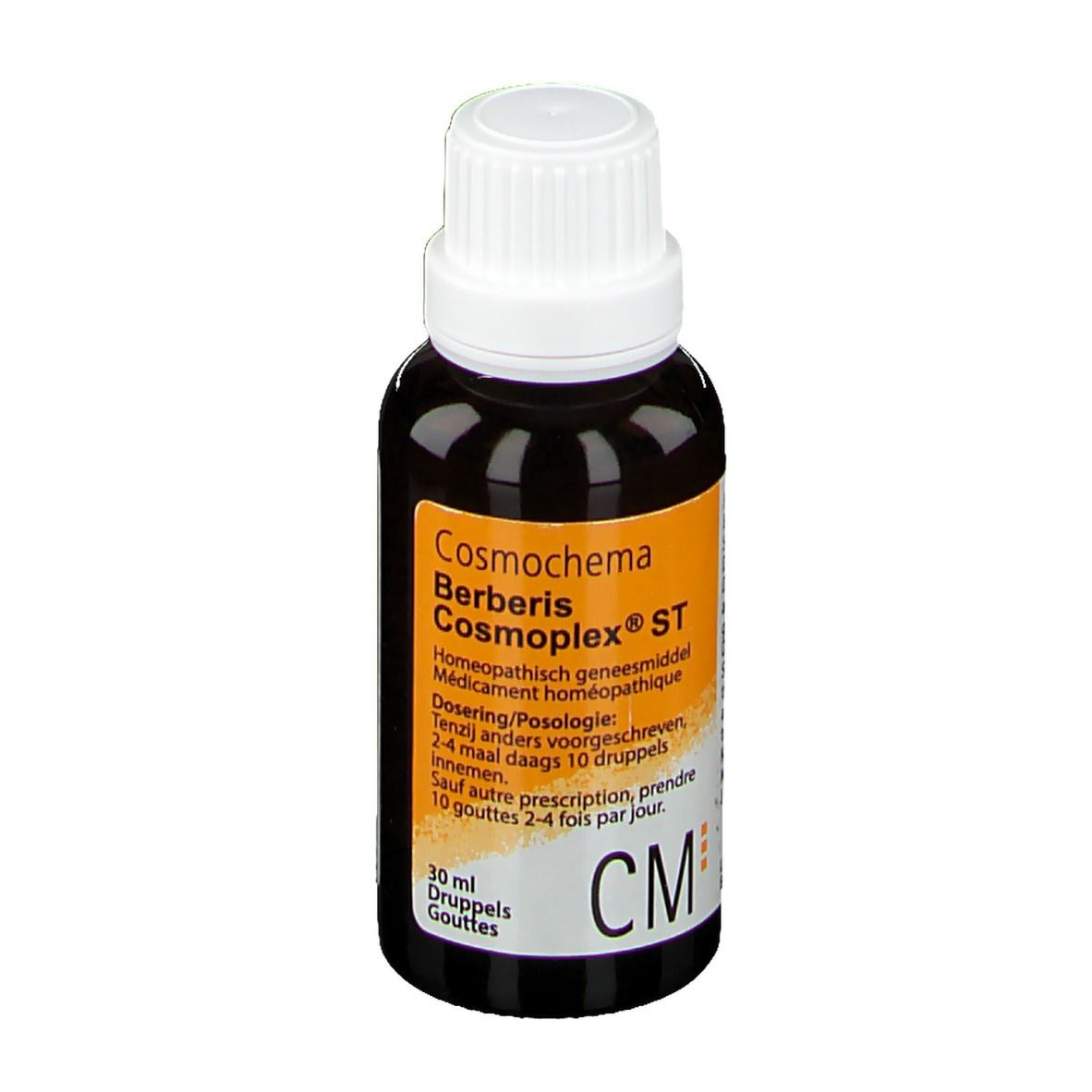 Flacon de gouttes brun avec bouchon blanc. Étiquette avec nom du produit et dosage. Logo CM.