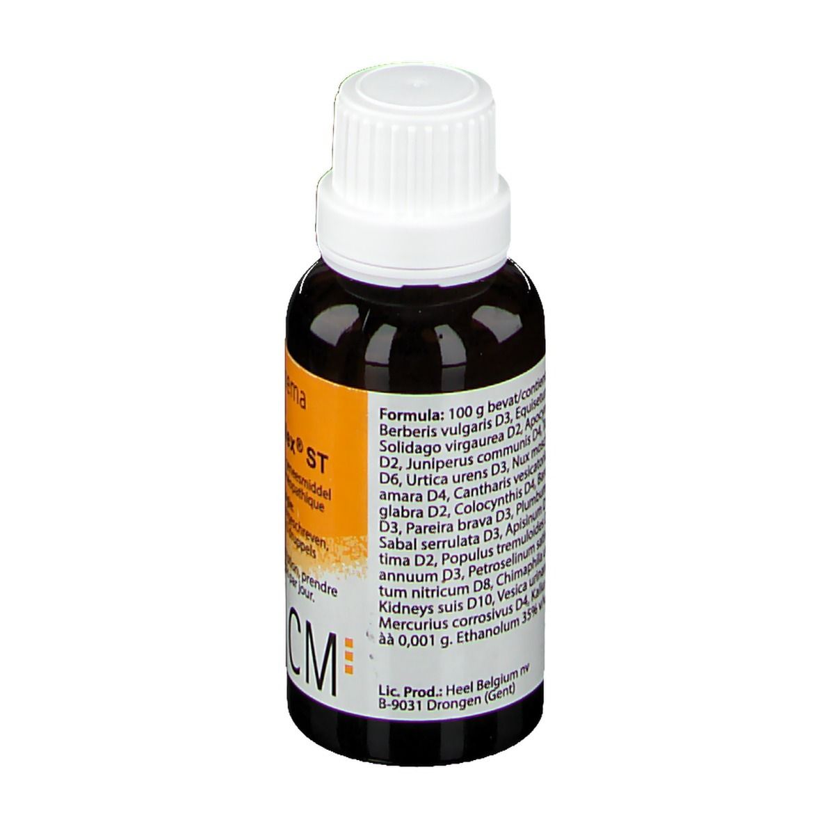 Flacon de gouttes brun avec bouchon blanc. Étiquette avec ingrédients. Logo CM.