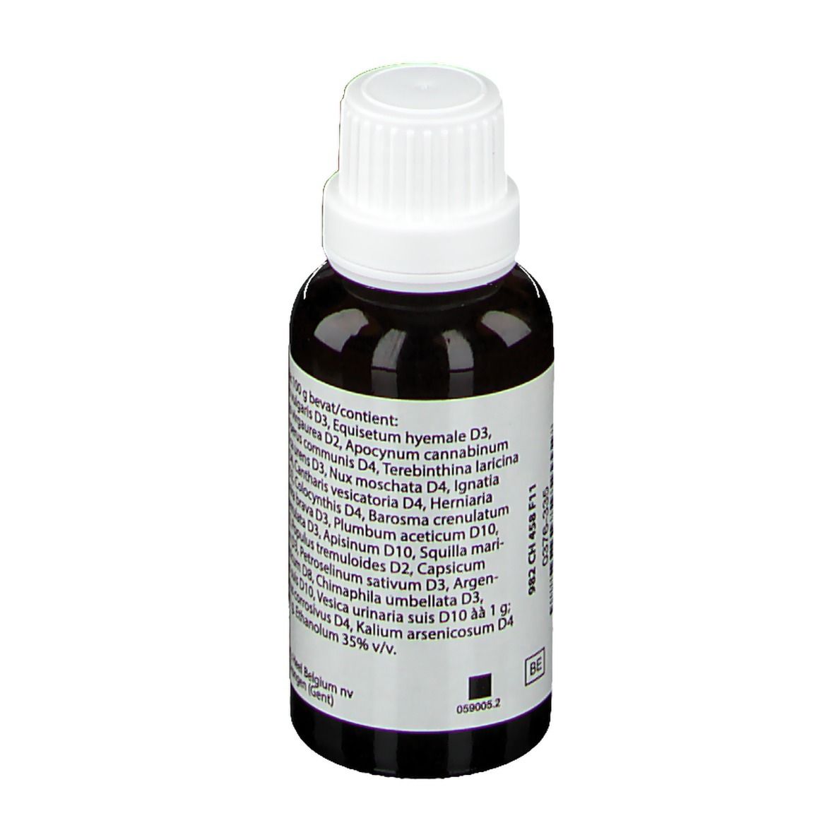 Dos du flacon de gouttes brun. Étiquette avec ingrédients et informations fabricant.