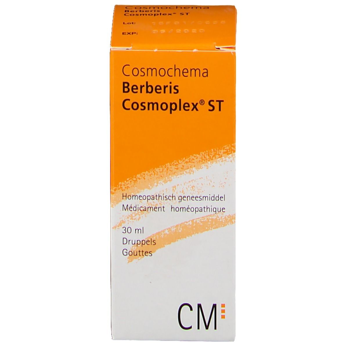 Emballage du produit. Boîte avec nom du produit, logo et informations de dosage.