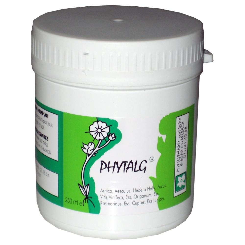 Pot blanc avec étiquette verte. Inscription PHYTALG. Contient 250 ml. Ingrédients et adresse de l'entreprise visibles.