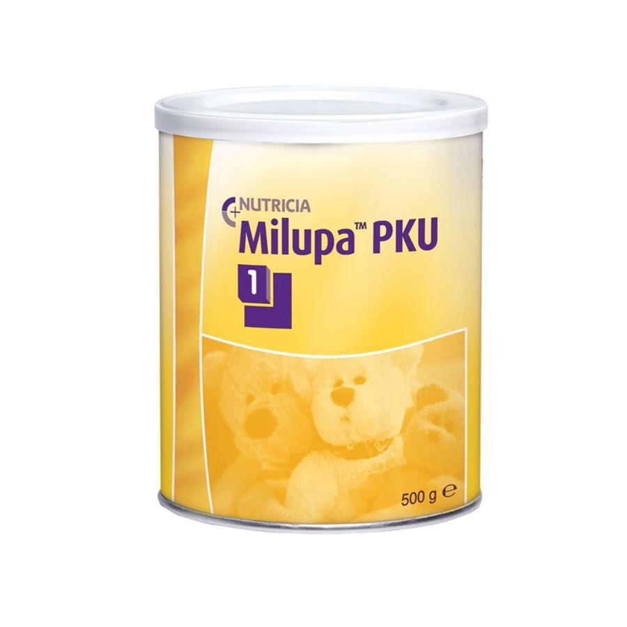 Blik Milupa PKU 1, geel-wit. Opschrift: Nutricia, Milupa PKU 1, 500 g e. Afbeelding: teddyberen.