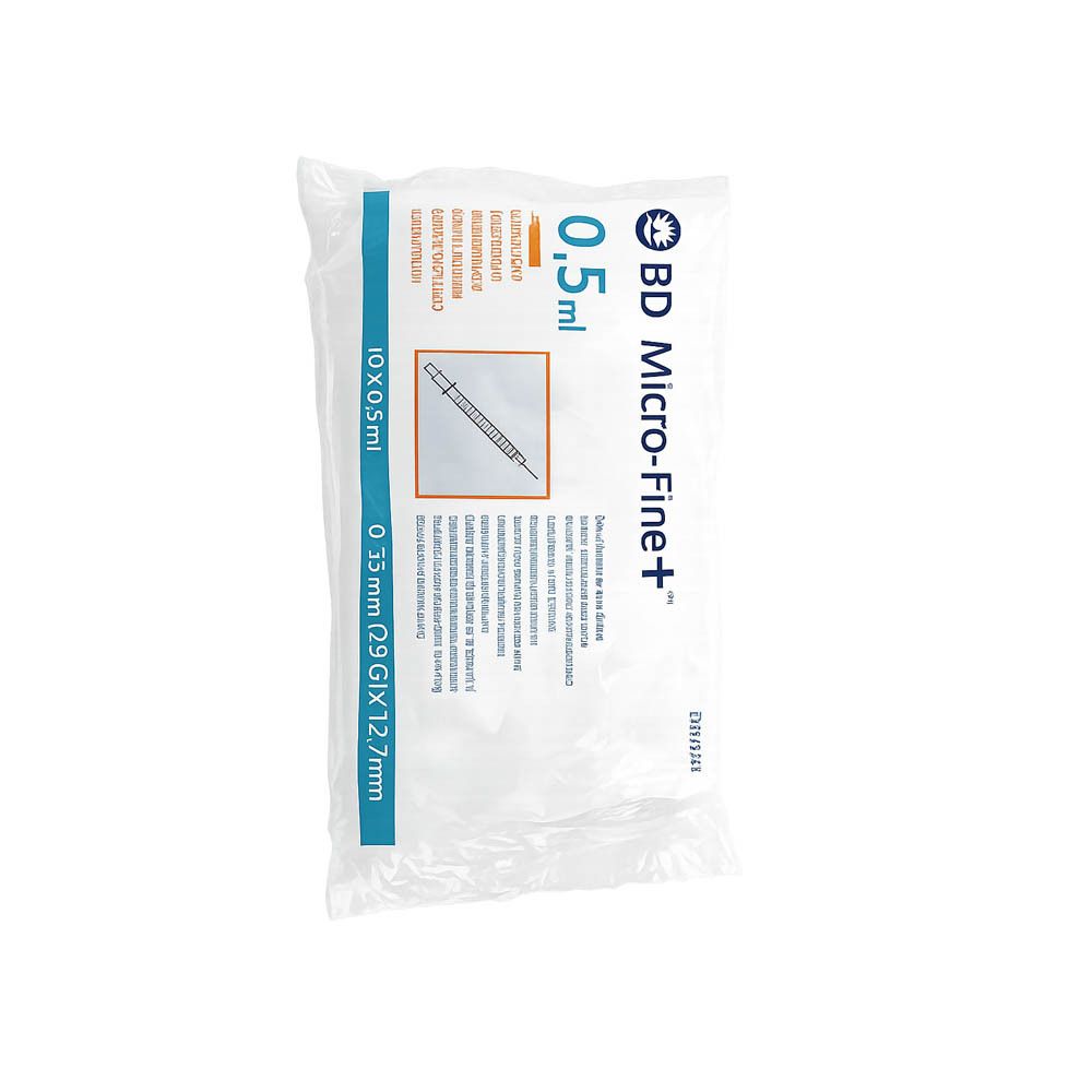 Verpakking met insulinespuiten. Bevat 10 spuiten van 0,5 ml. Zichtbaar: BD Micro-Fine+, 0,33 mm (29 G) x 12,7 mm.