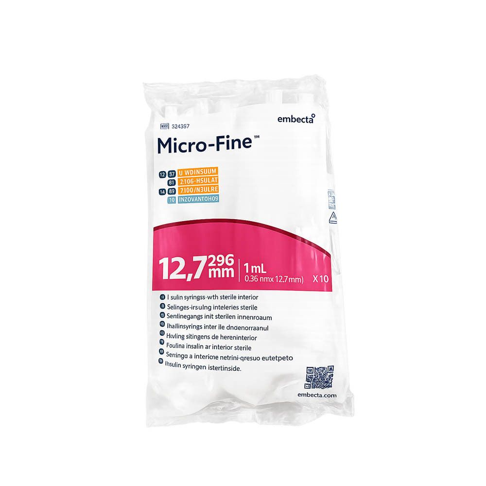 Verpakking met spuiten. Opschrift: Micro-Fine, 1 ml, 12,7 mm x 0,36 mm. Bevat 10 spuiten.