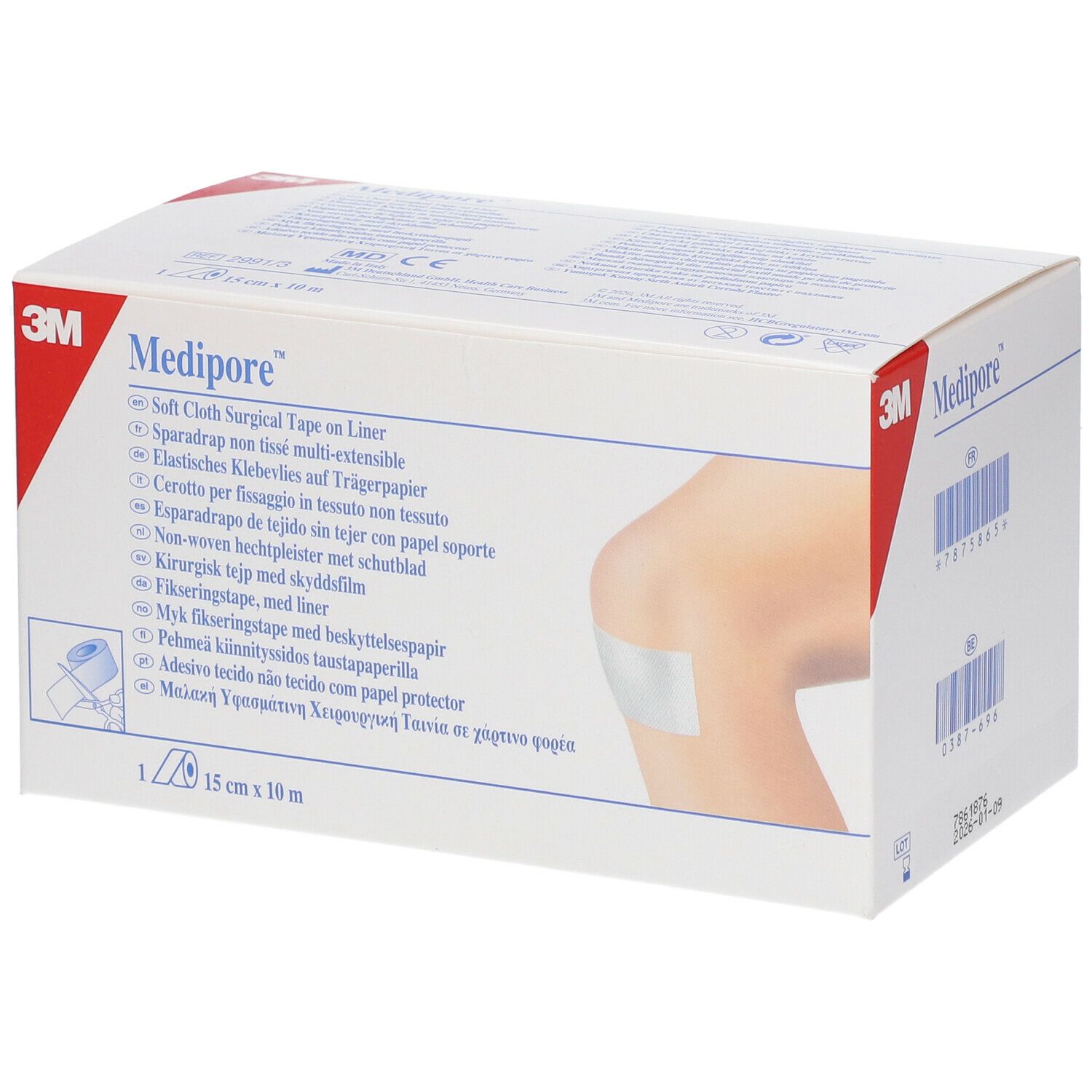 Boîte de 3M Medipore. Inscriptions : Soft Cloth Surgical Tape, 15 cm x 10 m. Illustration : genou avec pansement.