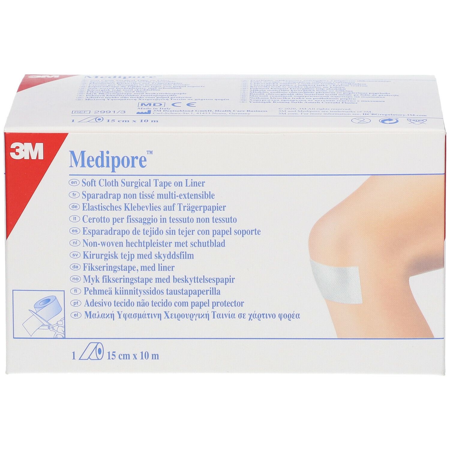 Boîte de 3M Medipore. Inscriptions : Soft Cloth Surgical Tape, 15 cm x 10 m. Illustration : genou avec pansement.