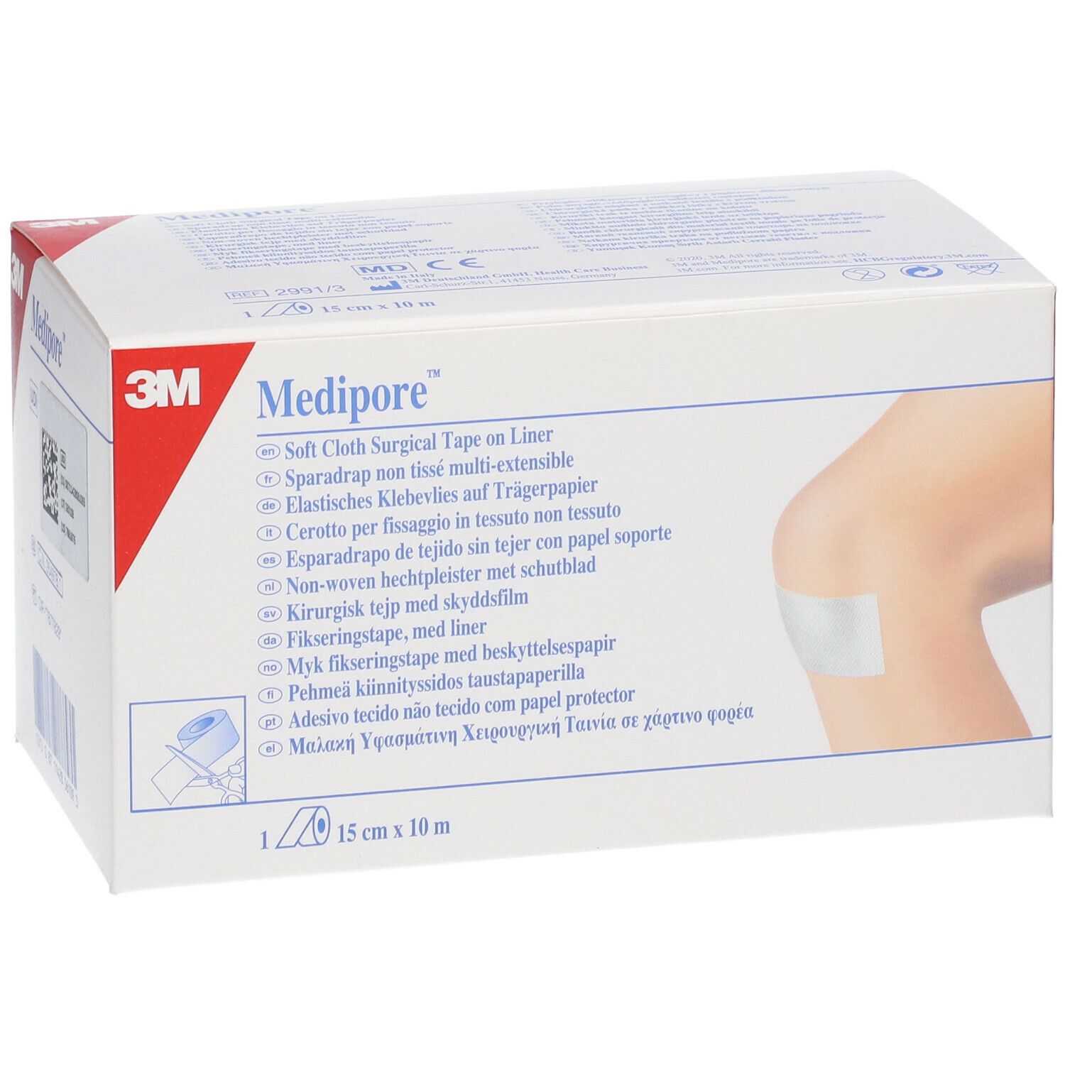 Boîte de 3M Medipore. Inscriptions : Soft Cloth Surgical Tape, 15 cm x 10 m. Illustration : genou avec pansement.