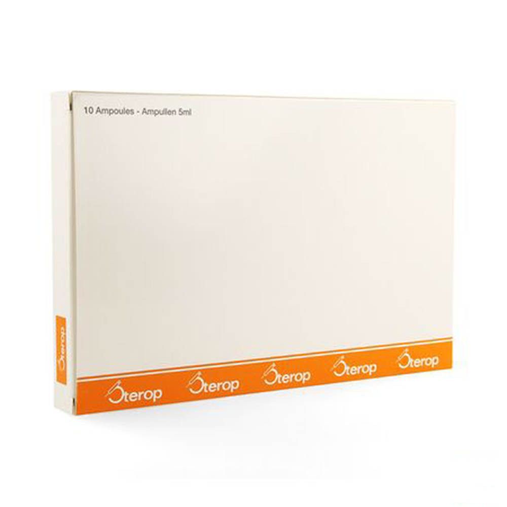 Verpakking van Sterop Vitamine C. Wit met oranje streep en logo. Bevat 10 ampullen.