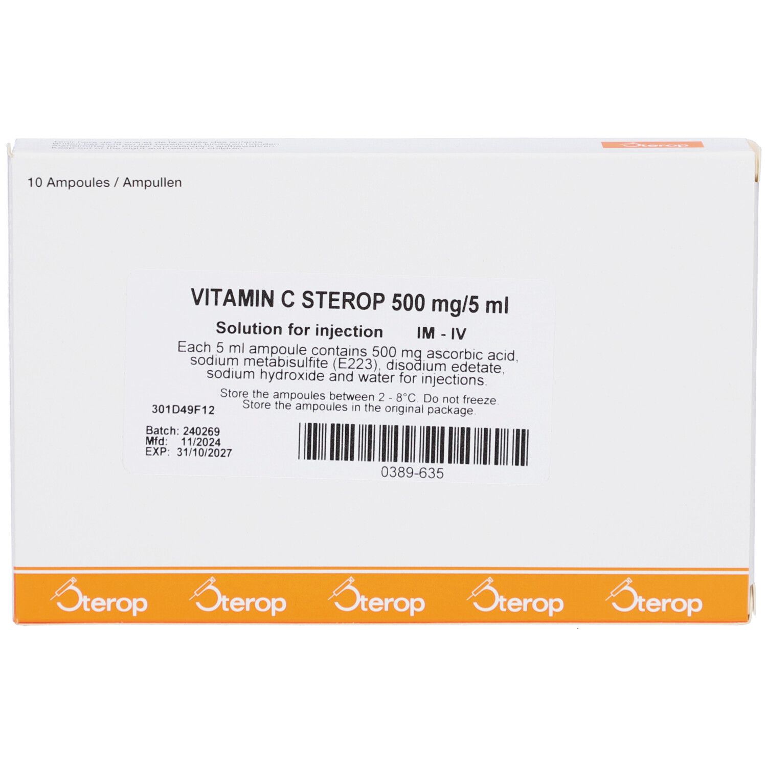 Verpakking met 10 ampullen Vitamine C Sterop 500 mg/5 ml. Opschrift: oplossing voor injectie. Bevat ascorbinezuur.