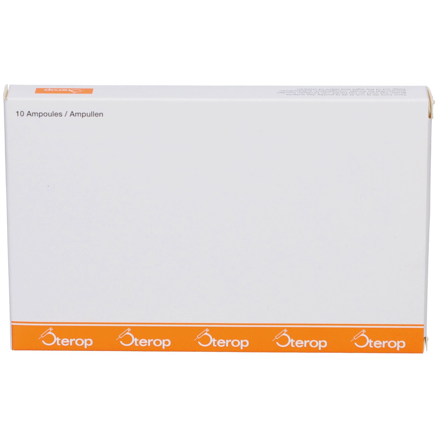 Witte verpakking met oranje streep en logo. Opschrift: 10 ampullen. Merk Sterop.