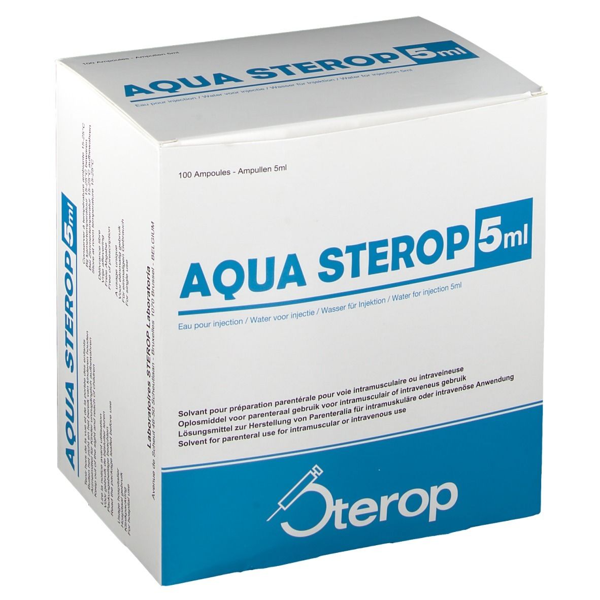Witte kartonnen doos met blauwe tekst. Opschrift: AQUA STEROP 5ml. Bevat 100 ampullen. Logo: Sterop.