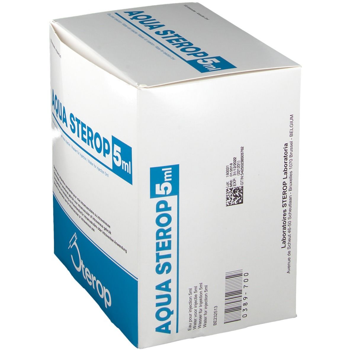 Witte kartonnen doos met blauwe tekst. Opschrift: AQUA STEROP 5ml. Logo: Sterop. Adresgegevens en barcode.