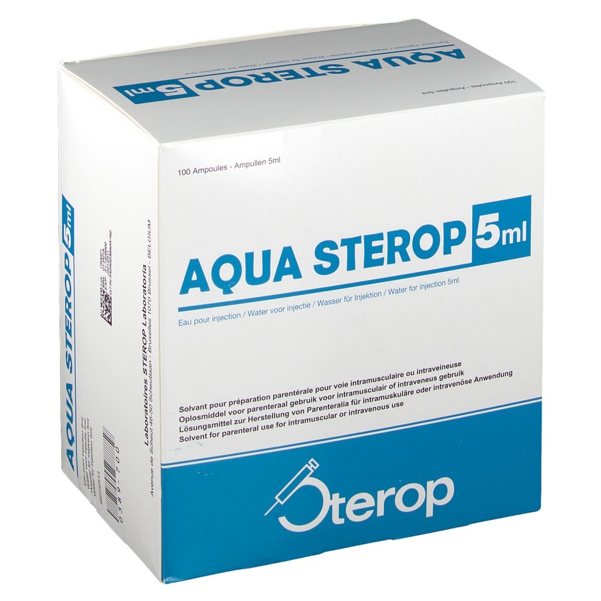 Witte kartonnen doos met blauwe tekst. Opschrift: AQUA STEROP 5ml. Bevat 100 ampullen. Logo: Sterop.