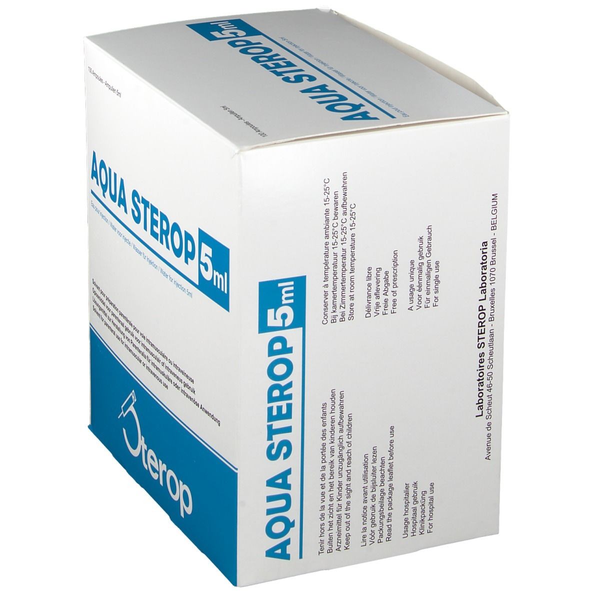 Witte kartonnen doos met blauwe tekst. Opschrift: AQUA STEROP 5ml. Logo: Sterop. Instructies voor opslag en gebruik.