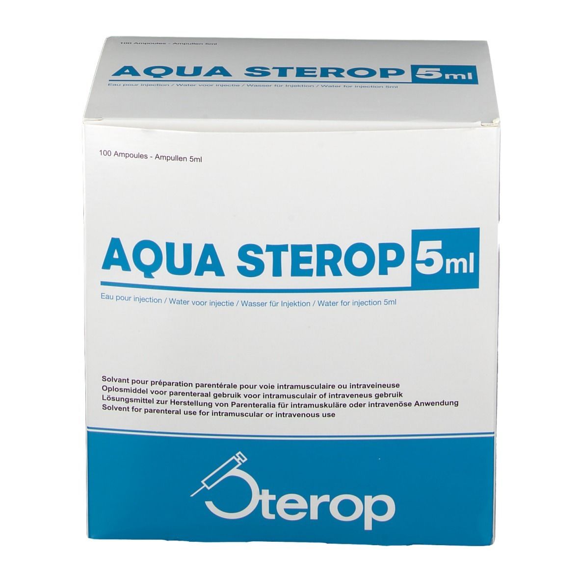 Witte kartonnen doos met blauwe tekst. Opschrift: AQUA STEROP 5ml. Bevat 100 ampullen. Logo: Sterop.