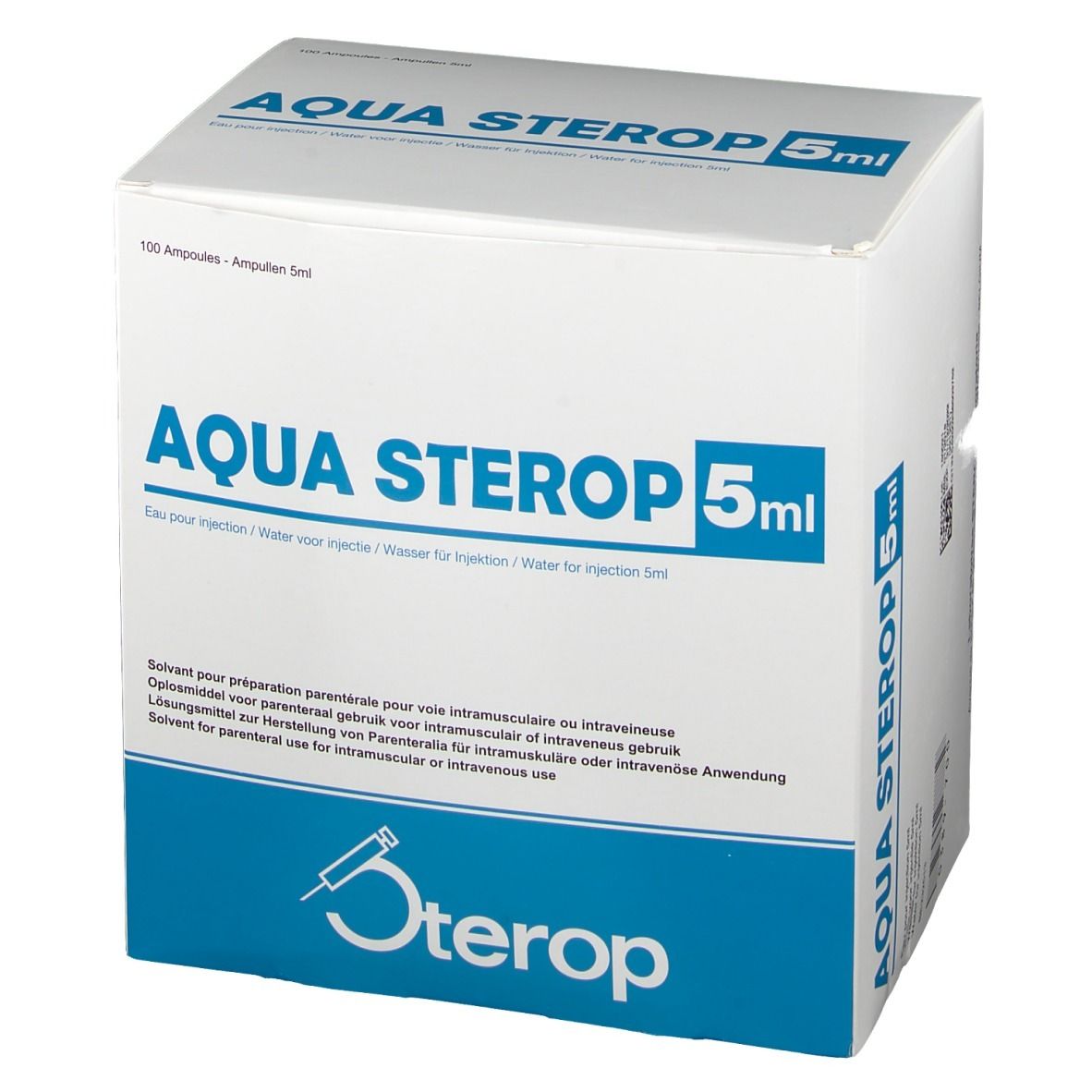 Witte kartonnen doos met blauwe tekst. Opschrift: AQUA STEROP 5ml. Bevat 100 ampullen. Logo: Sterop.