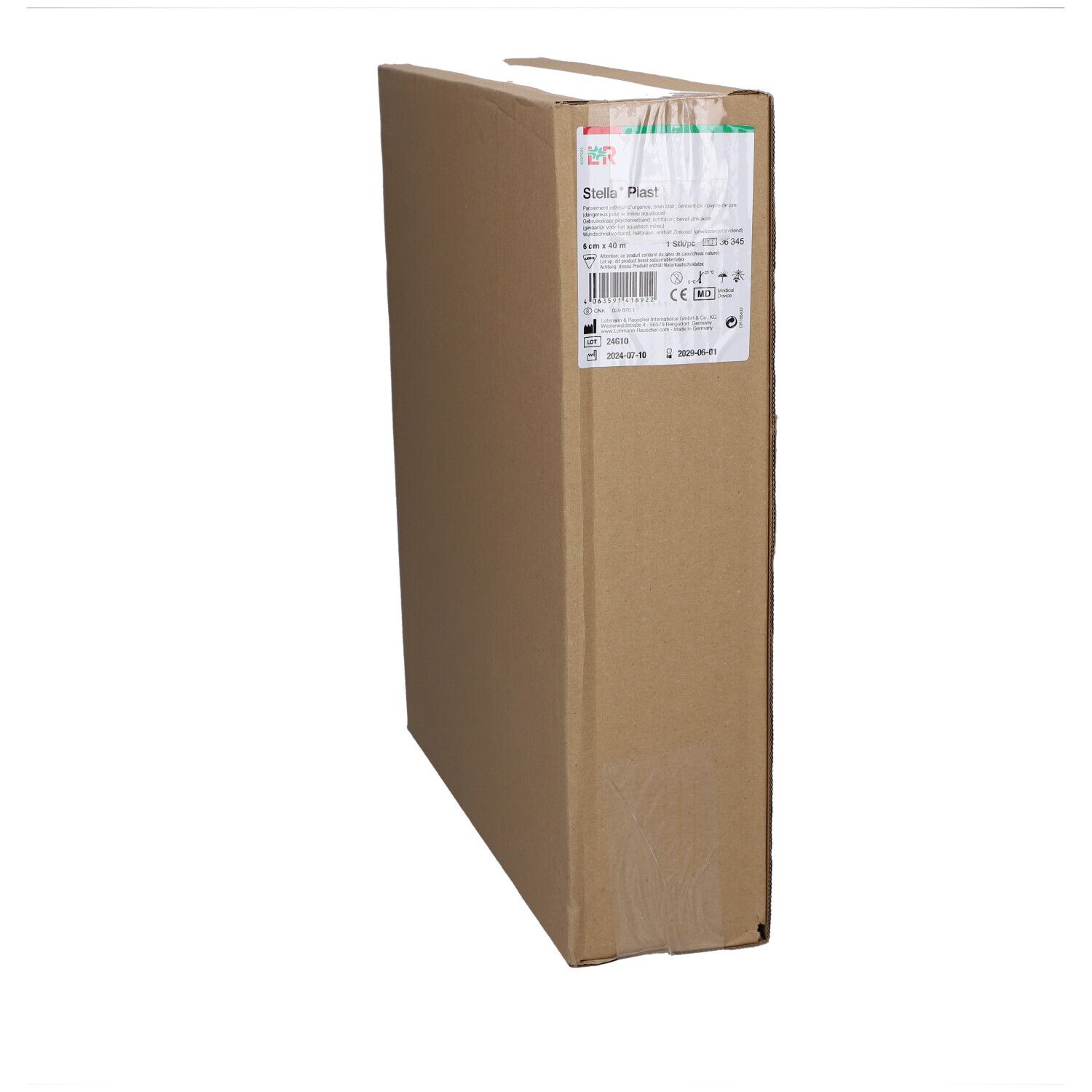 Kartonnen verpakking met productlabel. Opschrift: Stella Plast. Afmetingen: 6 cm x 40 m. CE-markering.