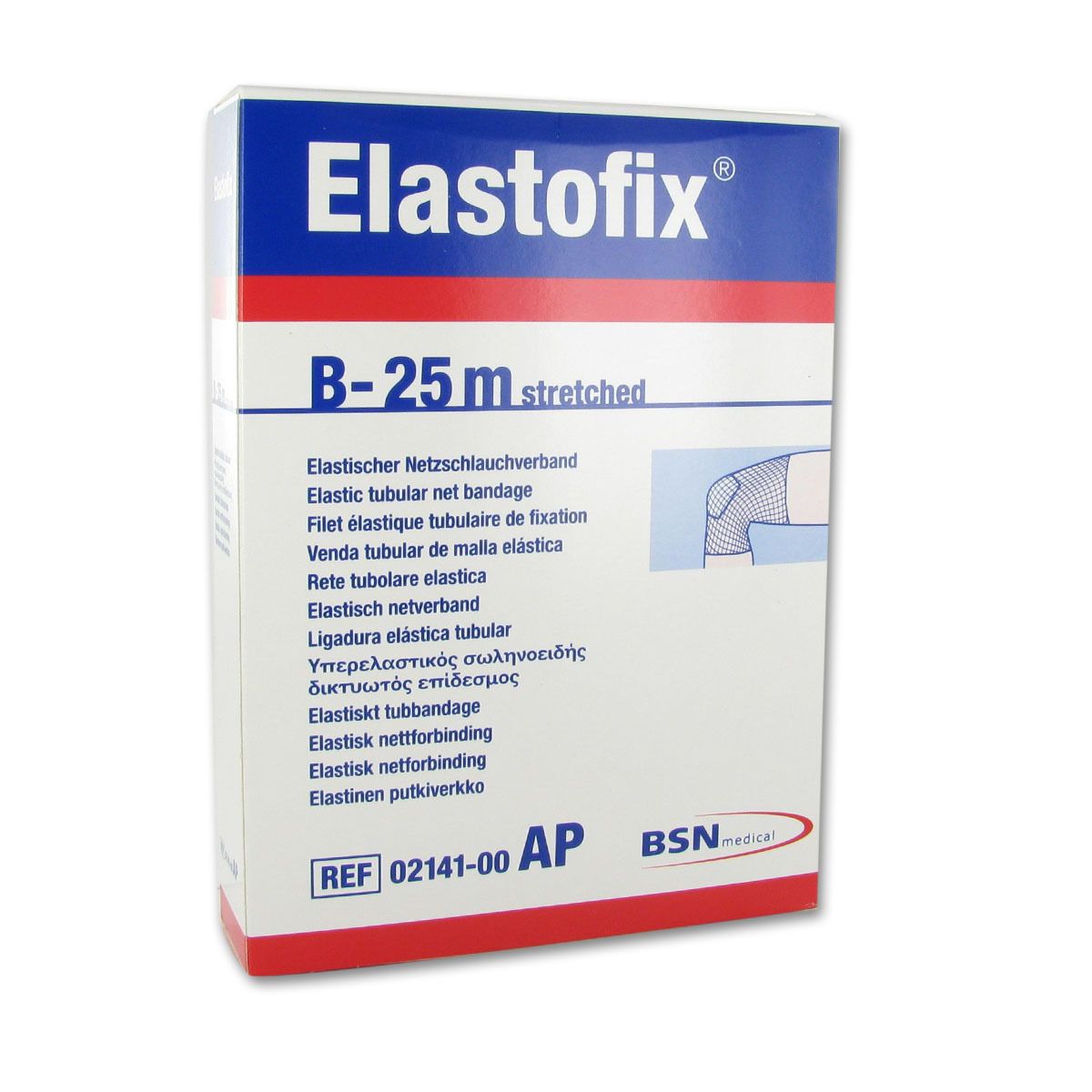 Elastofix verpakking. Blauwe tekst Elastofix, B-25 m stretched. Productafbeelding.