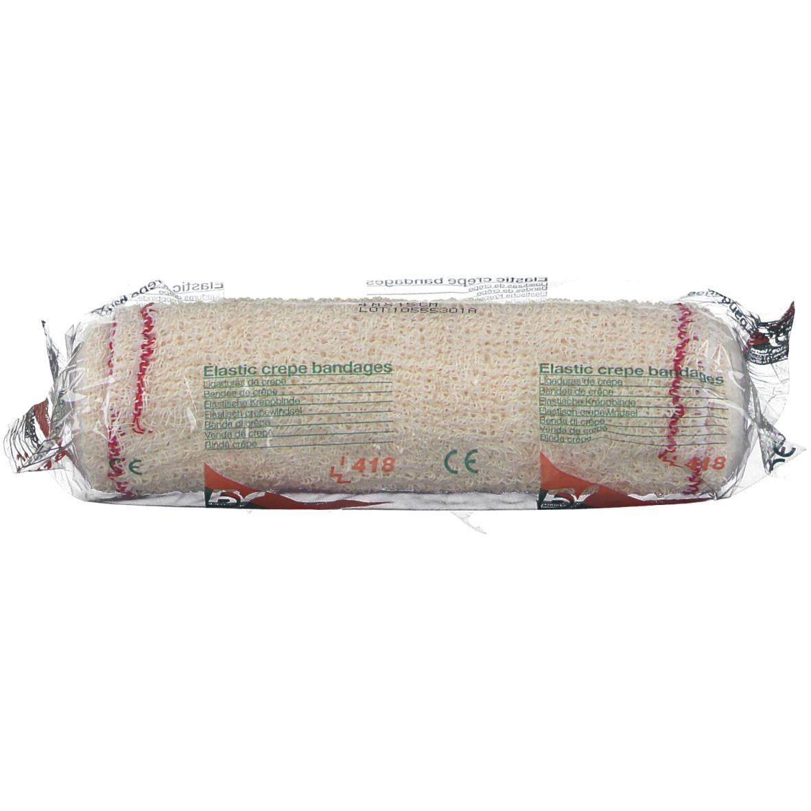 Elastisch crêpeverband in transparante verpakking. Zichtbaar: CE-markering en productnaam.