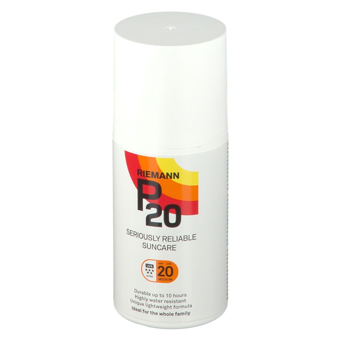 Flacon blanc avec texte. P20 écran solaire. Texte: Durable jusqu'à 10 heures, résistant à l'eau, formule légère unique.