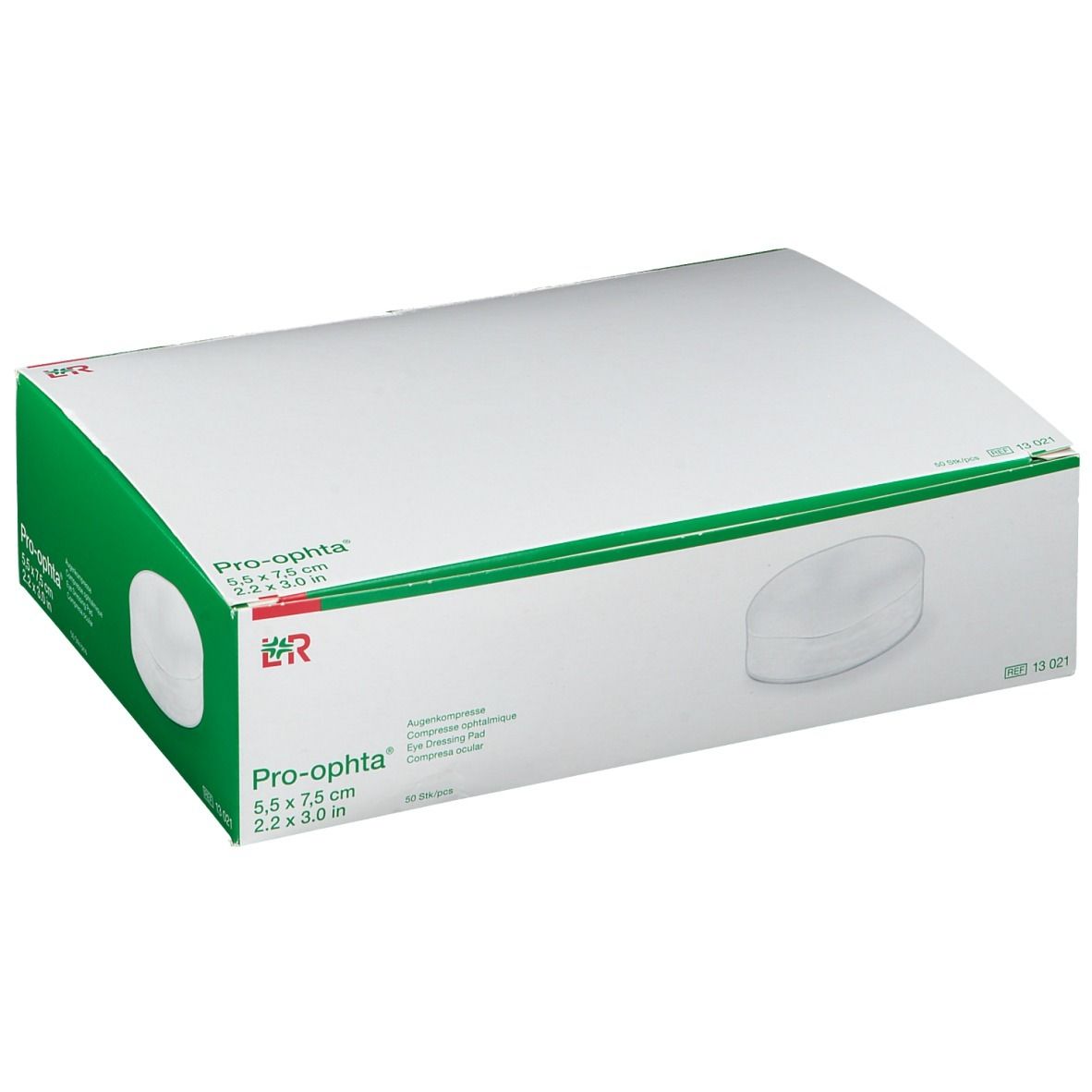 Boîte de compresses oculaires Pro-ophta. Carton blanc avec accents verts et informations produit. Dimensions : 5,5 x 7,5 cm.