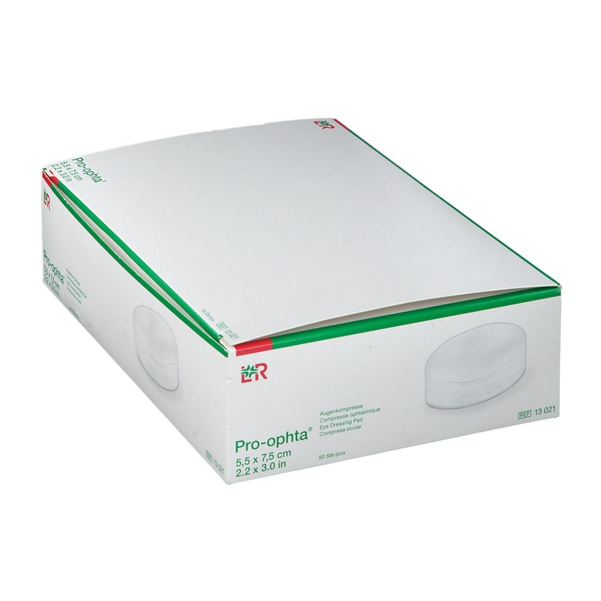 Emballage de compresses oculaires Pro-ophta. Boîte blanche avec détails verts. Nom du produit et dimensions (5,5 x 7,5 cm) visibles.
