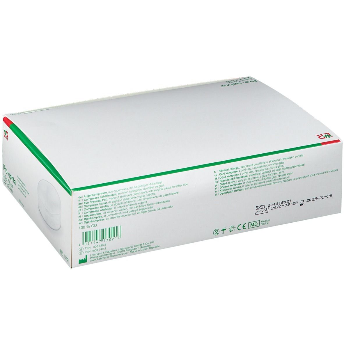 Dos de l'emballage des compresses oculaires Pro-ophta. Carton blanc avec texte et marquage CE. Informations d'utilisation.