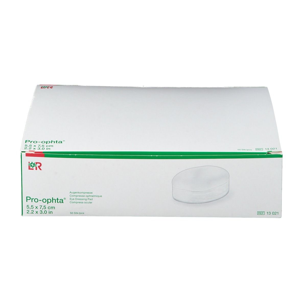 Emballage de compresses oculaires Pro-ophta. Boîte blanche avec détails verts. Nom du produit et dimensions (5,5 x 7,5 cm) visibles.