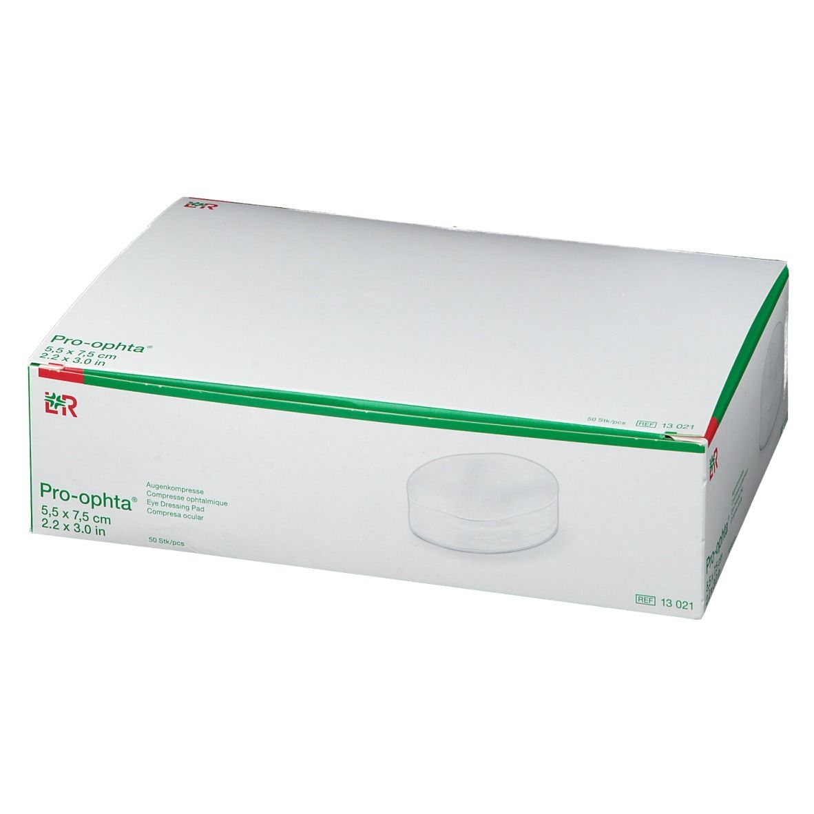 Emballage de compresses oculaires Pro-ophta. Boîte blanche avec détails verts. Nom du produit et dimensions (5,5 x 7,5 cm) visibles.