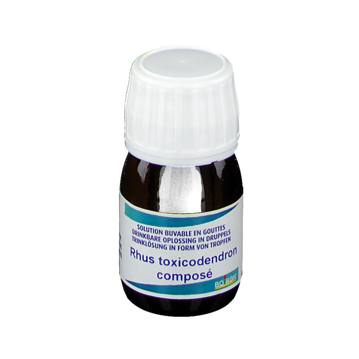 Flacon en verre brun, bouchon blanc. Étiquette: Rhus toxicodendron composé, Boiron. Solution buvable en gouttes.