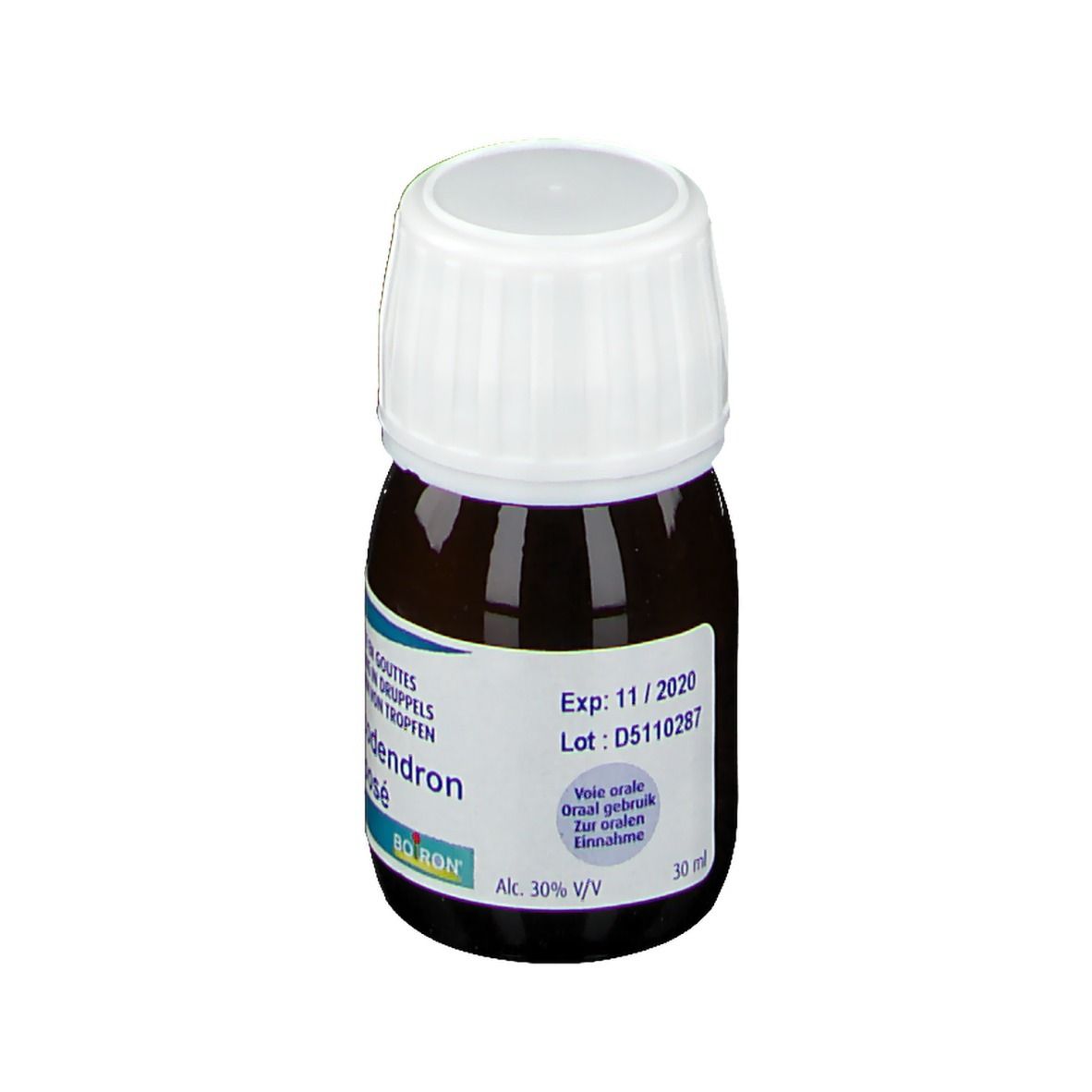 Flacon brun, bouchon blanc. Étiquette: Rhus toxicodendron composé, Boiron. Date de péremption: 11/2020.