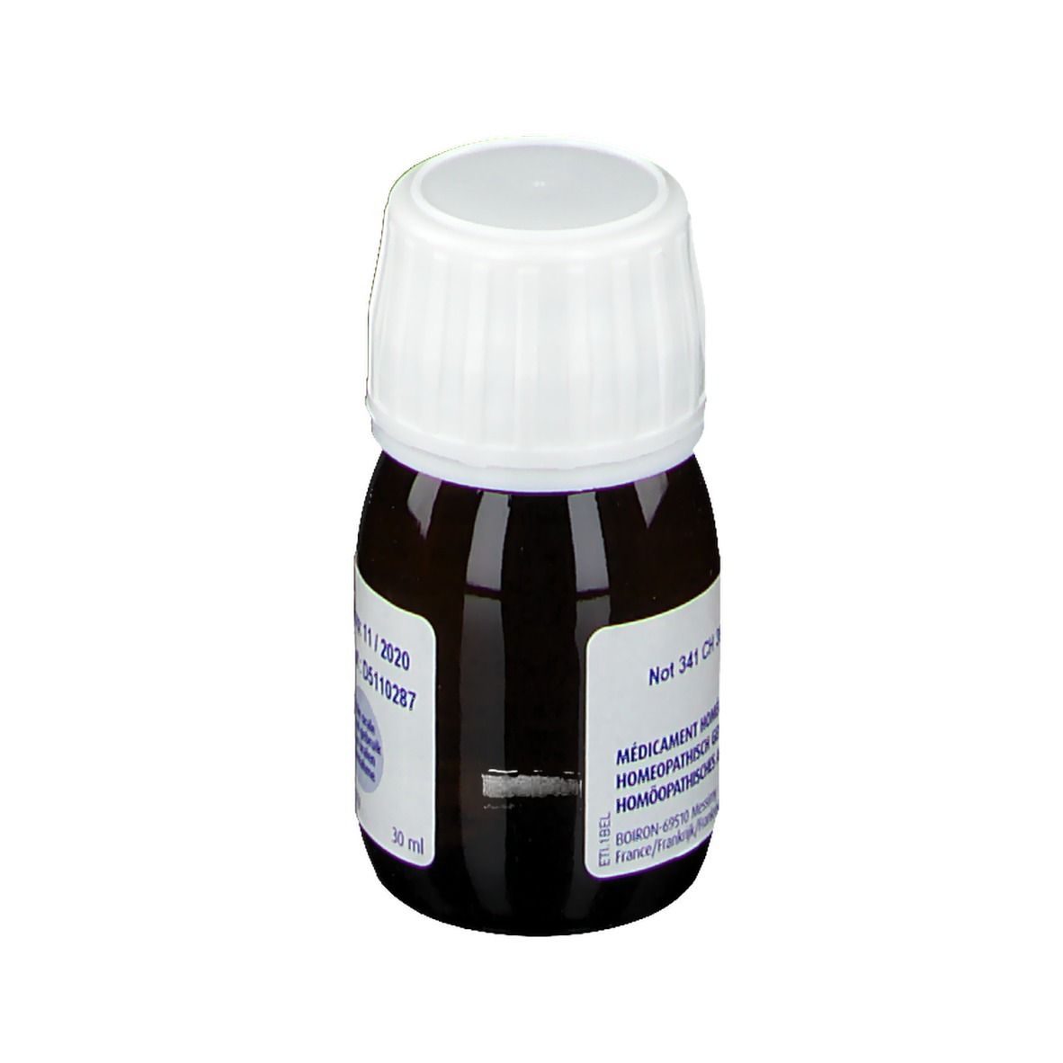 Flacon brun, bouchon blanc. Étiquette: Rhus toxicodendron composé, Boiron. 30 ml. Numéro de lot.