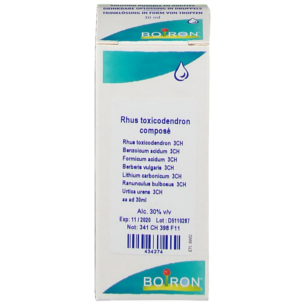 Emballage. Blanc, bleu. Texte: Rhus toxicodendron composé, Boiron. Ingrédients. Teneur en alcool 30%. Numéro de lot et date de péremption.
