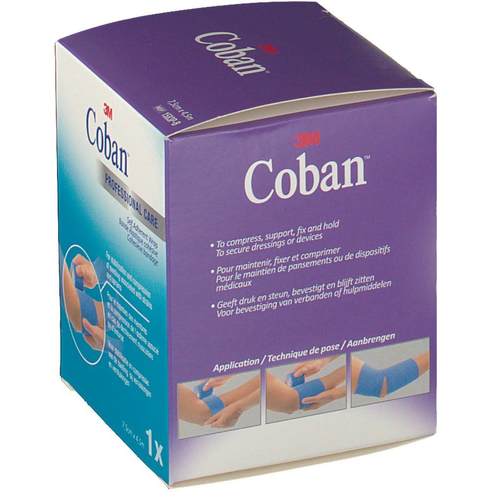 Verpakking met blauw verband. Opschrift: 3M Coban. Illustraties van toepassing. 1x verpakking.