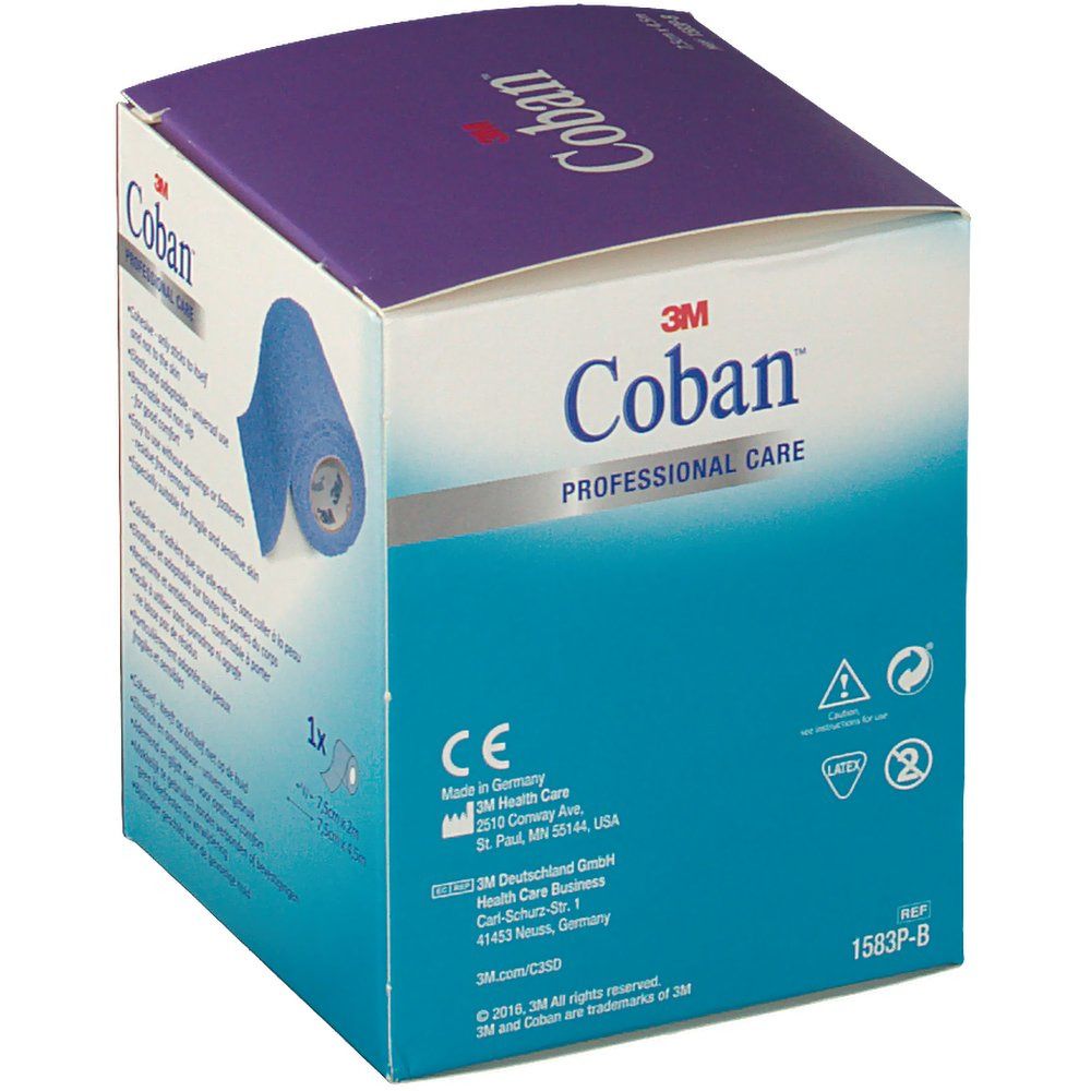 Verpakking met blauw verband. Opschrift: 3M Coban. CE-markering. Fabrikantinformatie. 1x verpakking.