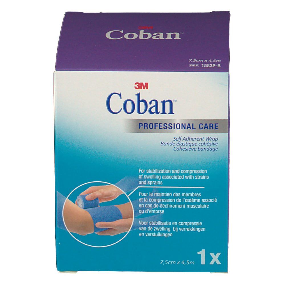 Verpakking met blauw verband. Opschrift: 3M Coban. Illustratie toepassing. Afmetingen: 7,5cm x 4,5m. 1x verpakking.
