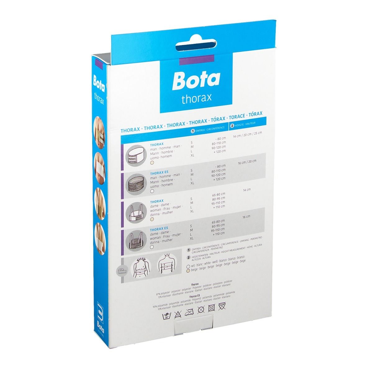 Achterkant van de Bota Thoraxgurt verpakking. Maatinformatie en productillustraties. Wasvoorschriften.