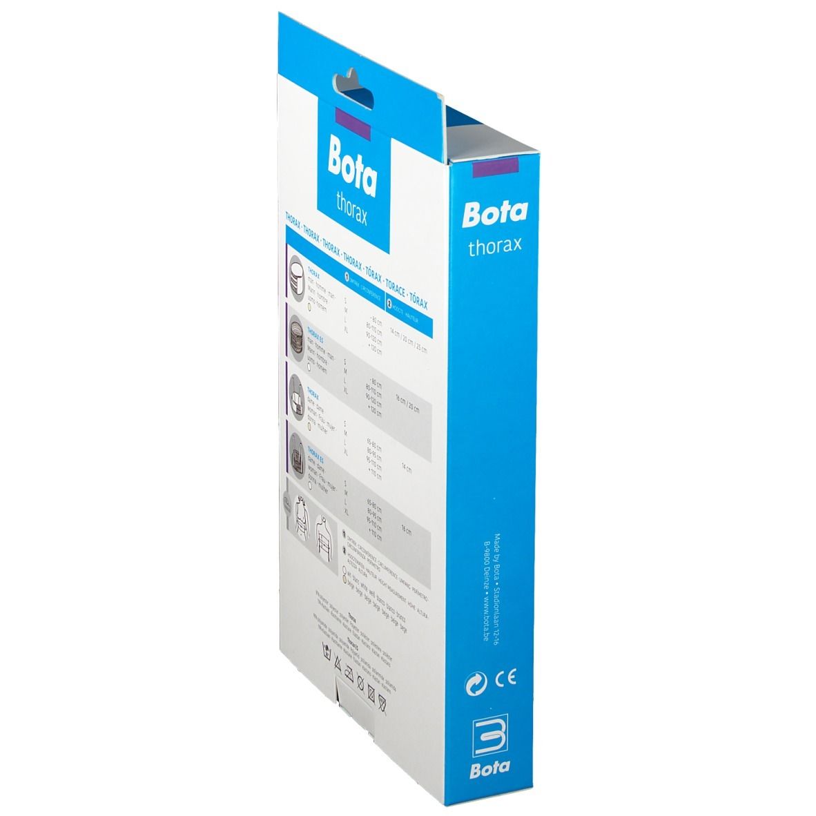 Zijaanzicht van de Bota Thoraxgurt verpakking. Opschrift: Bota, Thorax. CE-markering.