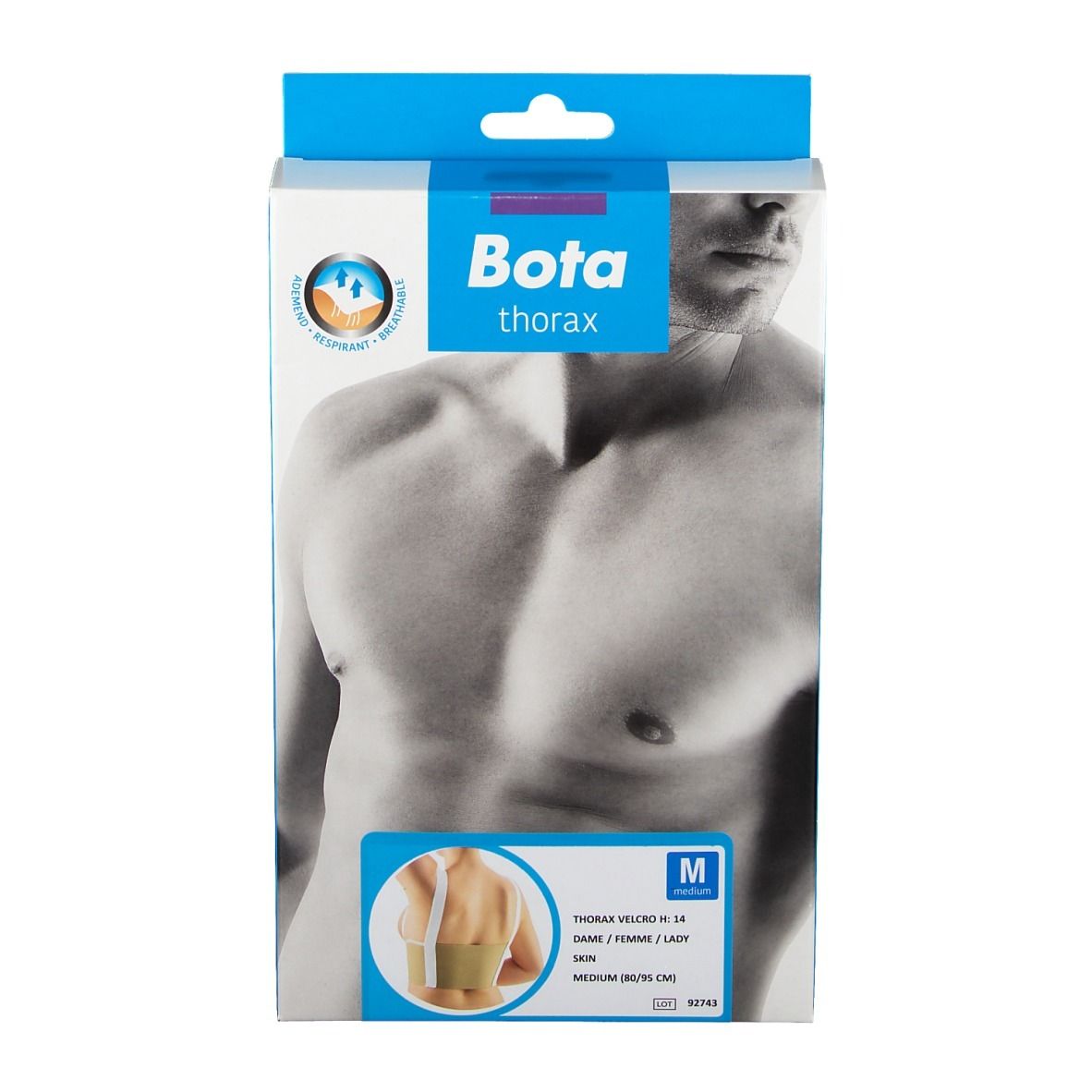 Verpakking Bota Thoraxgurt. Opschrift: Bota, Thorax, M. Productillustratie. Maat M.