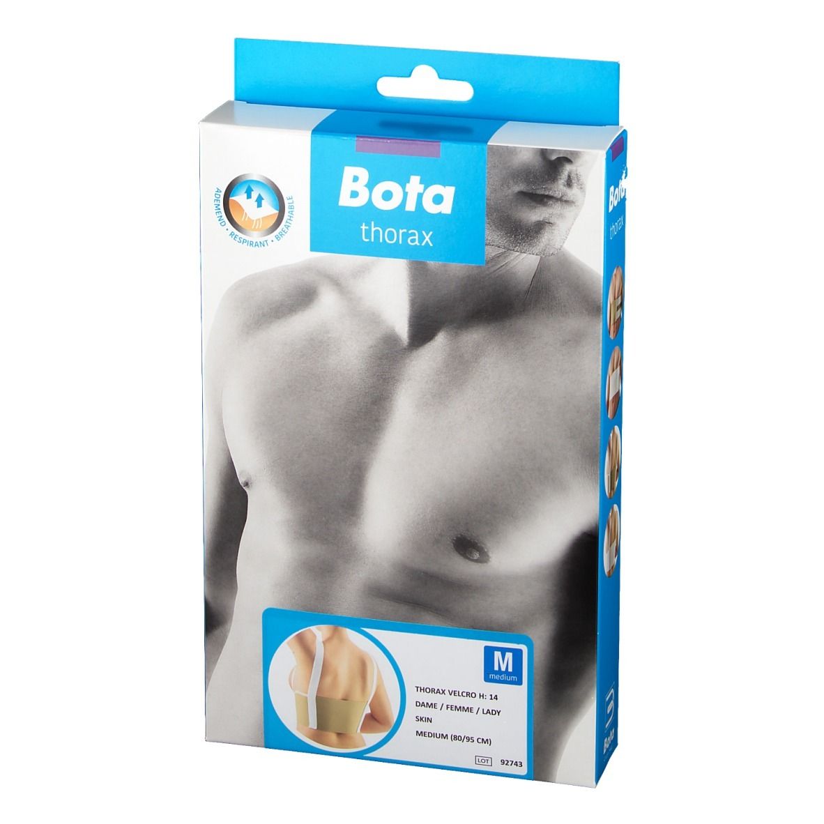 Verpakking Bota Thoraxgurt. Opschrift: Bota, Thorax, M. Productillustratie. Maat M.