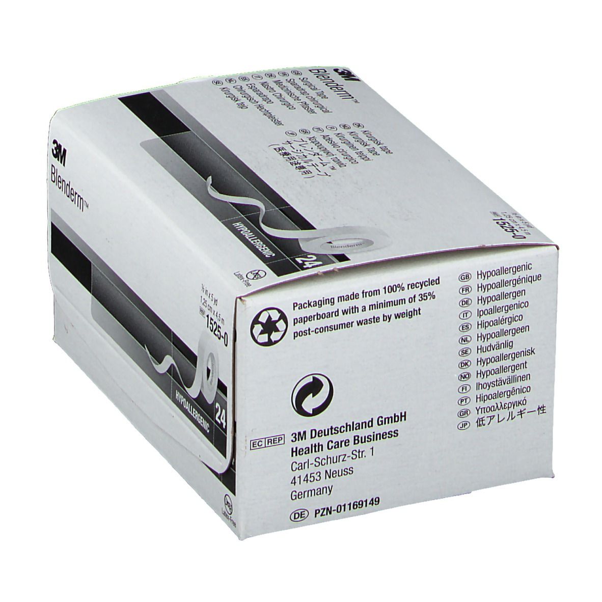 Boîte blanche avec informations produit. Inscription : Blenderm, 3M, Hypoallergénique. Logo de recyclage.
